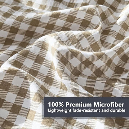NSNLGSGC Queen Comforter Set, Tan Gingham Bedding Comforter Sets, Brown Grid Bed Comforter 3 Pieces (1 Comforter, 2 Pillowcases)