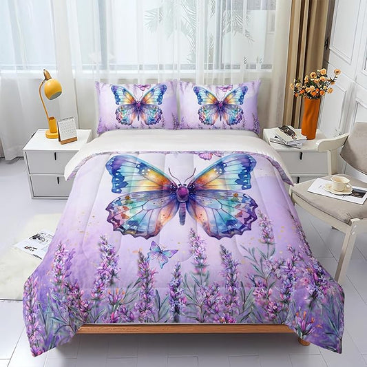 Lavender Comforter Set Twin Size,Violet Flower Butterfly 3 Piece Bedding Set Lightweight Down Alternative Spring Violet Bed Comforter and 2 Pillowcases for All Seasons