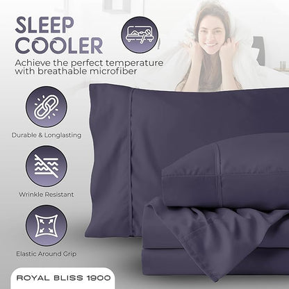 Royal Bliss King Size Sheets Set - 4 Piece Bedding - Wrinkle Free, Double Brushed, Cooling, Deep Pocket, Plum