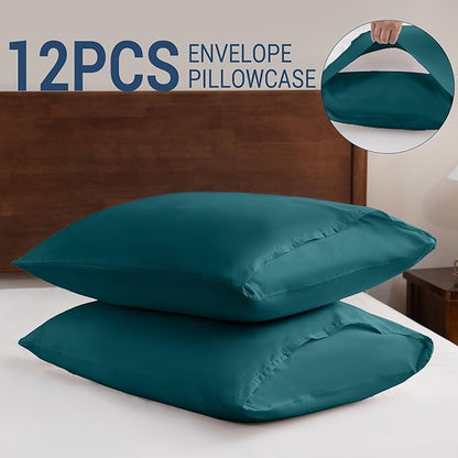 Pillowcases Queen 12 Pack, 20x30 Pillow Cases with Envelope Closure, Soft Plain Brushed Microfiber Covers Breathable Wrinkle-Resistant, Teal