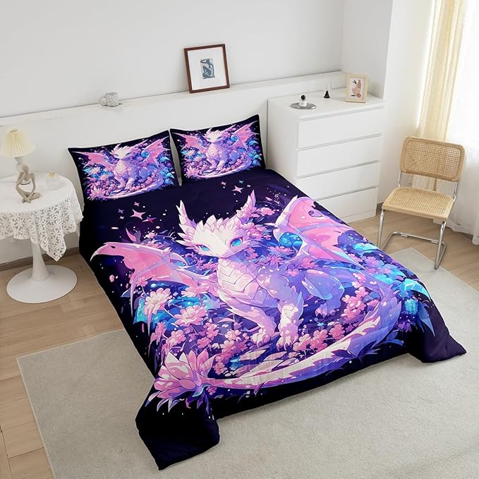 Castle Fairy Kids Dragon Twin Size Comforter Set,Cartoon Dragon Wildlife Quilt Set Soft Bed Collection,Watercolor Flower Bedding Comforter for Boys Girls Room Decor,2 Pcs