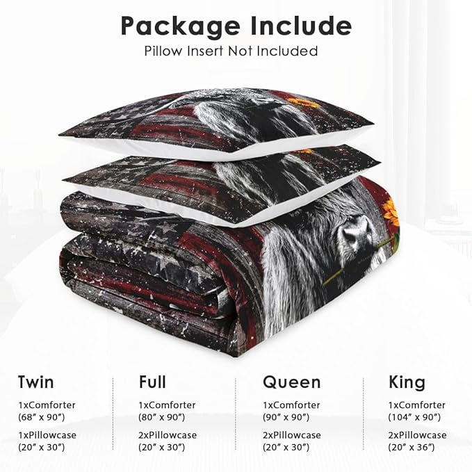 King Size Comforter Set with 2 Pillowcases, Highland Cow Animal 3 Pcs Bedding for Kids and Adults, Farm American Flag Soft Comforter Set for Bedroom Bed Decor