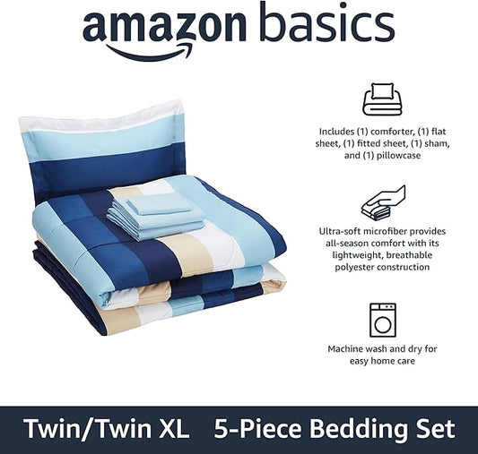 Amazon Basics 5-Piece Lightweight Microfiber Comforter Bedding Set with Sheet, Twin XL, Blue Stripe, Bed-in-a-Bag