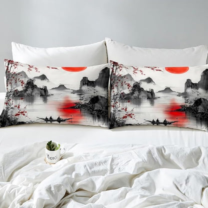 Feelyou Japanese Theme Bedding Set Queen Size Cherry Blossom Duvet Cover for Adult Kids Boys Girls Watercolor Comforter Cover Set Natural Landscape Bedspread Cover 3Pcs Zipper