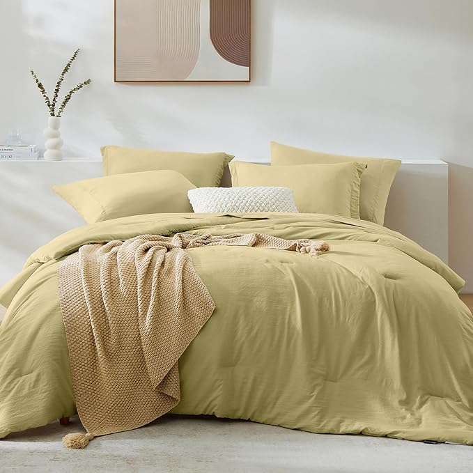 WRENSONGE Full Size Comforter Set- 7 Pieces Hemp Bed in a Bag Full Size Comforter with Fitted Sheet, Flat Sheet, 2 Pillow Shams, 2 Pillowcases, Warm Bedding Sets for All Season