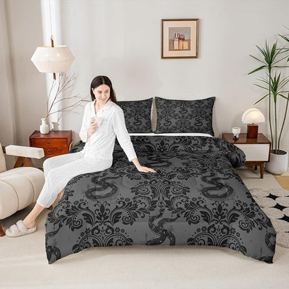 Feelyou Adults Gothic Bedding Set Soft for Boys Girls, Dark Olive Green Damask Comforter Set Full Size Snake Duvet Quilt Microfiber Bedroom Decor 3 Pcs with 2 Pillow Cases
