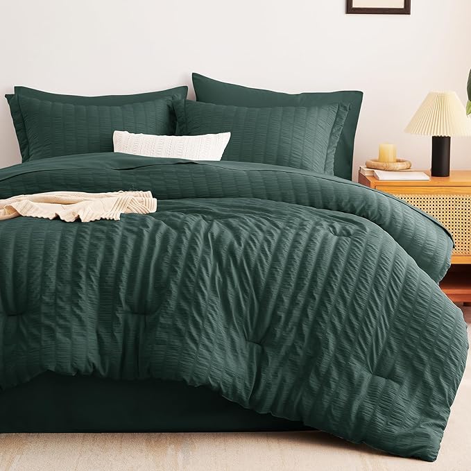 CozyLux Oversized Queen Comforter Set Forest Green Seersucker 7 Pieces 98x98 Bed in a Bag Comforter Set with Sheets, Luxury Bedding Sets with Down Alternative Comforter, Sheets, Pillowcases & Shams