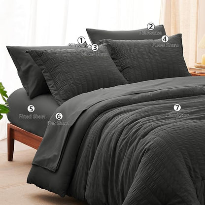 CozyLux Queen Comforter Set Dark Grey Seersucker 7 Pieces Bed in a Bag Queen Comforter Set with Sheets, Dark Gray Luxury Soft Bedding Set with Down Alternative Comforter, Sheets, Pillowcases & Shams