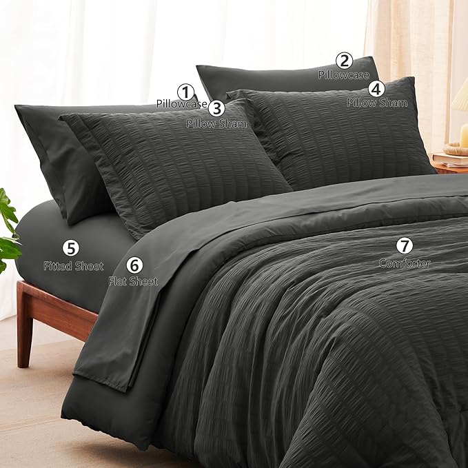 CozyLux King Size Comforter Set Dark Grey Seersucker 7 Pieces Bed in a Bag King Comforter Set with Sheets, Dark Gray Luxury Bedding Sets with Down Alternative Comforter, Sheets, Pillowcases & Shams
