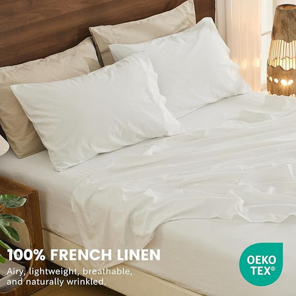 Bedlifes 100% French Linen Sheets Queen Size 18-24”Extra Deep Pocket 4-Piece Set Breathable & Moisture-Wicking,Soft & Durable Sheets for Thick Mattresses(White)
