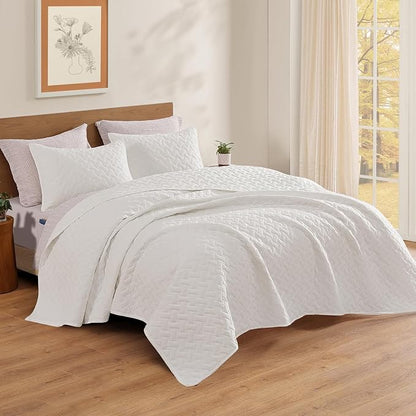 WRENSONGE King Size Quilt-3 Pieces Weave White Bedspreads King Quilt Bedding Set for All Seasons, Soft Summer Coverlet with 2 Pillow Shams Suitable for Bed, Couch, Quilted Blanket