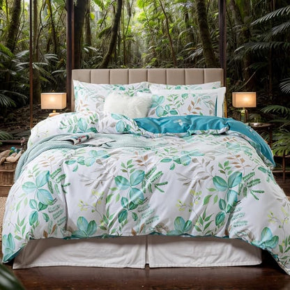 FADFAY Botanical Duvet Cover Sets Full Size 100% Cotton Teal Green Leaves Patterned Comforter Cover Aesthetic Bedding for All Season Soft Crisp Modern Bed Cover with Zipper 3 Pcs, Full