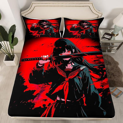 Erosebridal Japanese Anime Bedding Set for Kids, Anime Girl Fitted Sheet Twin Size Japanese Girl Bed Sheets for Girls Teens Adult, Kawaii Animation Red Black Sheets, Machine Washable