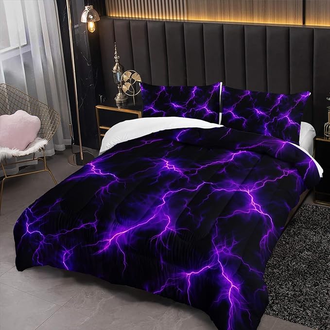 Violet Lightning Comforter Set Twin Thunder Bedding Sets 3PCS for Kids Teen Adult Violet Room Decor Ultra-Soft Lightweight Microfiber 1 Comforter with 2 Pillowcases