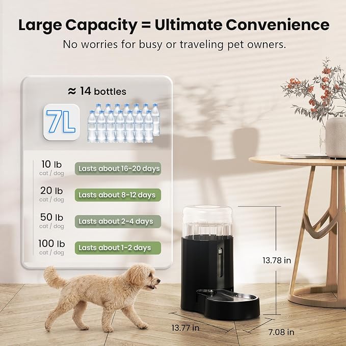 CZPET Dog Water Bowl Dispenser 7L, Wider Mouth Gravity Refilling (Black) | With Stainless Steel Bowl Gravity Waterer, Large Capacity and Drinking Area Noise-Free for Pets