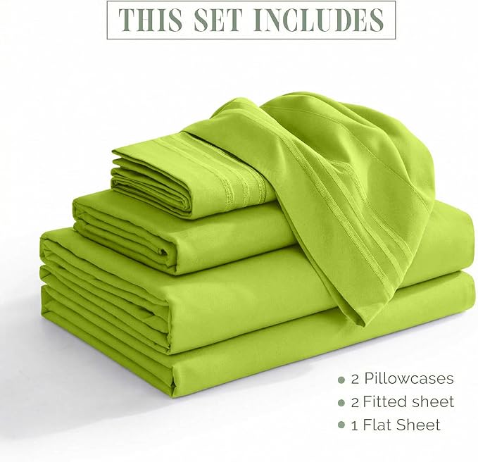 Elegant Comfort Luxurious 1500 Premium Hotel Quality Microfiber Three Line Embroidered Softest 5-Piece Bed Sheet Set, Wrinkle and Fade Resistant, Split King, Lime