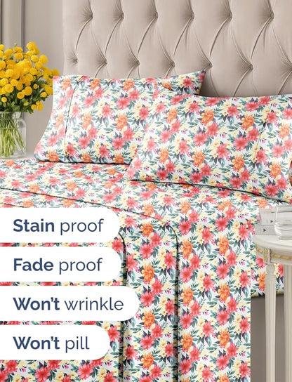 Floral Sheets - Flower Print Bed Sheet Set - 1 Flat, 1 Fitted & 2 Pillowcases w/ Deep Pockets - Comfy, Wrinkle & Fade Free - Boho Botanical Bedding - Soft, Breathable and Cooling - Cal King Size Set