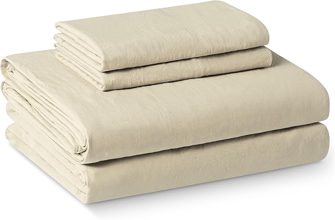 Amazon Basics Queen Bed Sheet, 4-Piece Bedding Set, Double Brushed Microfiber, Ultra Soft, Easy Care, Beige