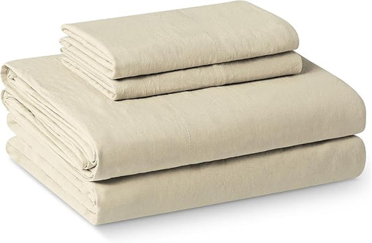Amazon Basics Queen Bed Sheet, 4-Piece Bedding Set, Double Brushed Microfiber, Ultra Soft, Easy Care, Beige