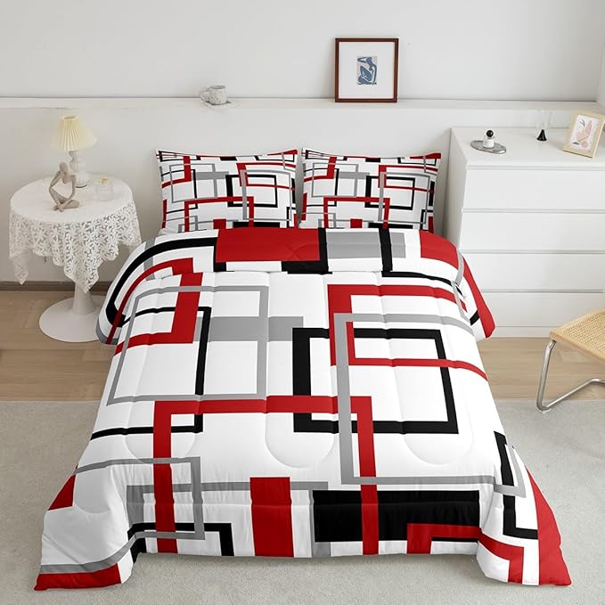 Square Comforter Set,White Black Red Grey Stripes Bedding Set Warm,Geometric Grid Checkred Down Comforter for Kids Boys Girls,Modern Creative Art Quilted Duvet Soft with 2 Pillowcases,Full