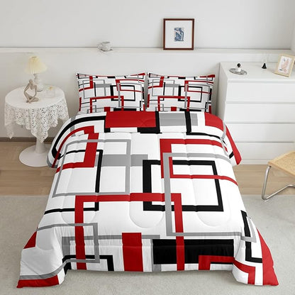 Square Comforter Set,White Black Red Grey Stripes Bedding Set Warm,Geometric Grid Checkred Down Comforter for Kids Boys Girls,Modern Creative Art Quilted Duvet Soft with 2 Pillowcases,Queen