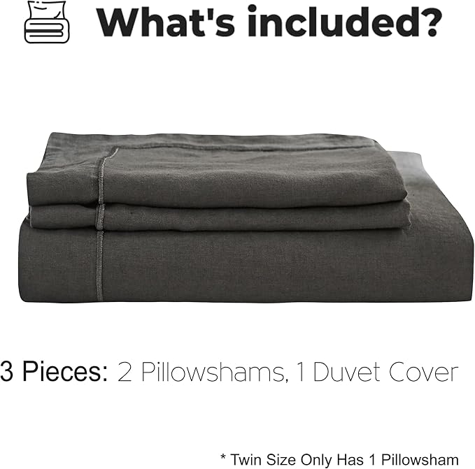 Simple&Opulence 100% Washed Linen Duvet Cover with Embroidered, 3 Pieces Soft Farmhouse Comforter Set with Button Closure,1 Duvet Cover and 2 Pillowshams(Full,Charcoal Grey)