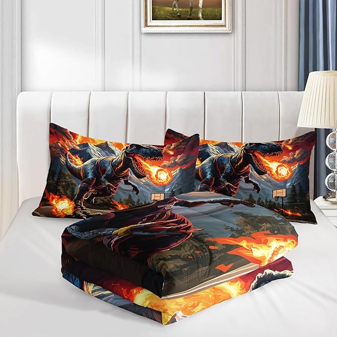 Kids Fun Dinosaur 3 Piece Bedding Set Full Size,Cartoon Dinosaur Fireball Comforter Set for Boys Girls Teens Room Decor, Animal Themed Bed in a Bag with 2 Pillowcases.