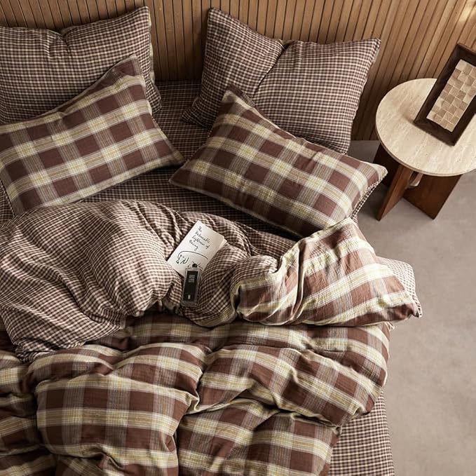 EAVD Vintage Coffee Gingham Comforter Set King Soft 100% Muslin Cotton Chic Shabby Yellow Green Grid Checkered Pattern Bedding Set with 2 Pillowcases Reversible Farmhouse Plaid Comforter Set