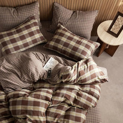 EAVD Vintage Coffee Gingham Comforter Set King Soft 100% Muslin Cotton Chic Shabby Yellow Green Grid Checkered Pattern Bedding Set with 2 Pillowcases Reversible Farmhouse Plaid Comforter Set