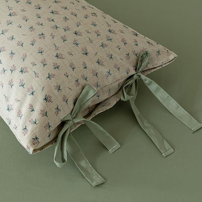 VM VOUGEMARKET Green Flower Comforter Set Twin,Vintage Floral Comforter with 2 Bow Ties Pillowcases Botanical Bedding Comforter Set for Girls Women(3pcs,Twin XL)