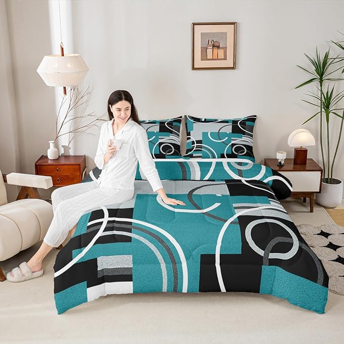 Modern Turquoise Decor Comforter Full Geometric Circles Gird Bedding Set For Boys Girls Kids Teens Adult Black Grey Down Comforter Stripe Swirls Duvet Set Modern Graphic Texture Quilted Comforter