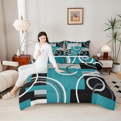 Modern Turquoise Decor Comforter Full Geometric Circles Gird Bedding Set For Boys Girls Kids Teens Adult Black Grey Down Comforter Stripe Swirls Duvet Set Modern Graphic Texture Quilted Comforter