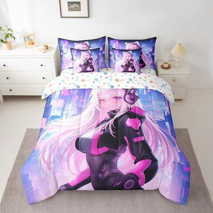 Erosebridal King Anime Girl Bedding Set 7 Piece, Kawaii Japanese Anime Comforter Sets Cartoon Girl Sheet Set Sci Fi Style Japanese Animation Bed in A Bag for Kids Girls Teens Adult Women Room