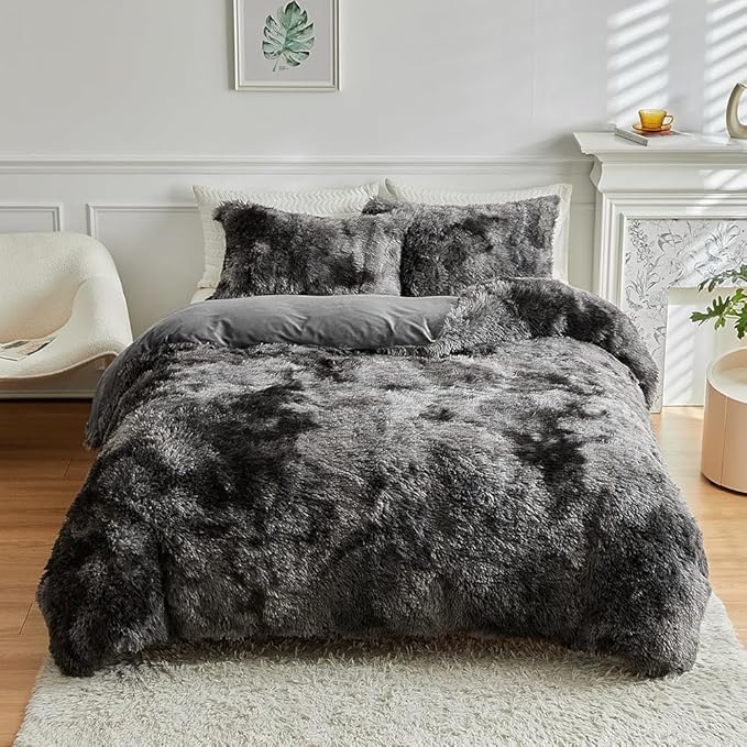 Wajade Faux Fur Plush Tie Dye Dark Grey White Comforter Set Fluffy Fuzzy Shaggy Bedding Set - 3PC Full Size Microfiber Soft Warm Quilt Set