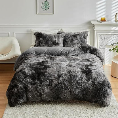 Wajade Faux Fur Plush Tie Dye Dark Grey White Comforter Set Fluffy Fuzzy Shaggy Bedding Set - 3PC Full Size Microfiber Soft Warm Quilt Set