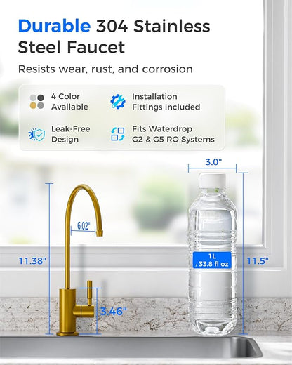 Waterdrop G2FCT-Gold Reverse Osmosis Water Filter Faucet, Brushed Gold | Water Faucet for Kitchen Bar Sink, NSF/ANSI 372 Certified, Lead-Free, 304 Stainless Steel, Single Handle, 360° Swivel Spout