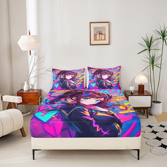 Erosebridal Anime Girl Queen Fitted Sheet, Japanese Anime Bed Sheets for Kids Girls Teens Adult Bedroom, Cartoon Girl Bedding Set Kawaii Japanese Animation Sheets 3 Piece, Purple