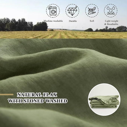 Simple&Opulence 100% Linen Duvet Cover Set, 3 PCS Natural French Flax Sage Green Ruffle Duvet Cover King Size, Breathable Comfy Linen Bedding Comforter Cover with 2 Pillowcases(Sage Green, 104" X 92")