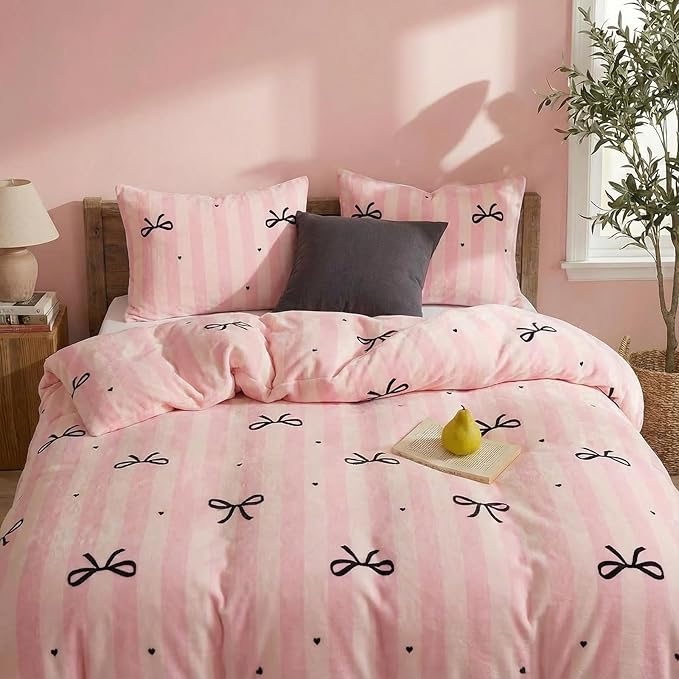 Bedbay Pink Striped Fleece Comforter Set King Size Girls Bow Comforter Soft Warm Fleece Velvet Bedding Set Pink Stripes Cute Bow Tie Pattern Fluffy Queen Bed Set 3 Pcs for Boys Girls Teen