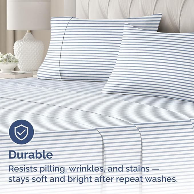 Standard Pillow Cases Set of 4 - Soft Hotel Quality Pillowcase Covers - Comfy, Cozy Bedding for Women, Men, Kids & Teens - Machine Washable Pillow Protectors - 4 Piece - Standard Size Blue Stripes