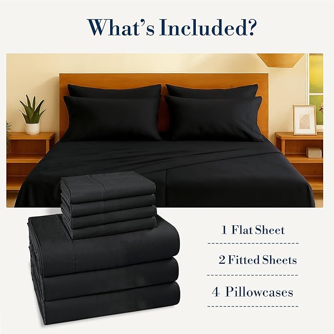 Casa Platino Sheets Split King – 7 Piece Crisp Percale Weave Split King Cooling Sheets with 15" Deep Pockets, Lightweight & Cool for All Sleepers, Soft & Breathable for a Great Nights Sleep – Black
