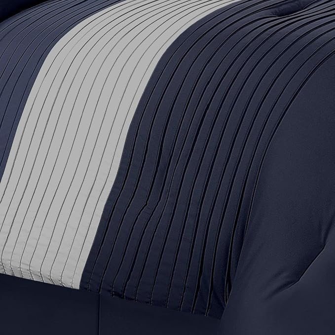 Chezmoi Collection Loft 8-Piece Luxury Striped Comforter Set (Queen, Navy/Gray/Blue)