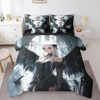 Erosebridal Anime Girl Bedding Sets 7 Piece Full Size, Kawaii Japanese Anime Comforter Set for Kids Boys Teens Adult, Cartoon Girl Bed in A Bag Japan Animation Sheet Set, Machine Washable