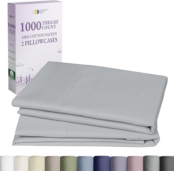 California Design Den Pillow Covers King Size Set of 2-1000 Thread Count Sateen, Soft and Thick 100% Cotton King Size Pillows Cases, Durable - Light Grey