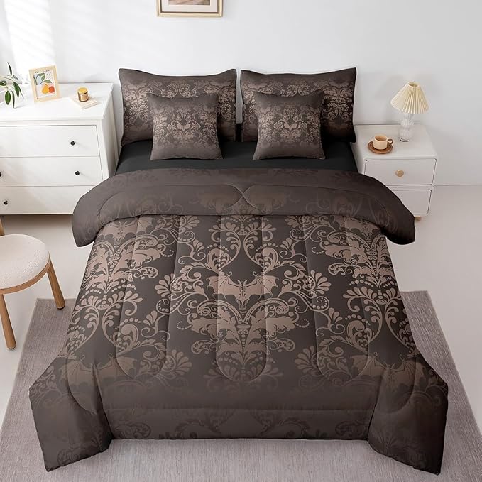Erosebridal Gothic Damask Bed in a Bag King Size Comforter Set 7 Pieces,Halloween Bat Bedding Sets Black Brown Victorian Floral Goth Sheet Set with Comforter