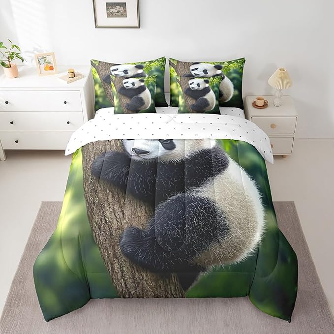 Feelyou Cute Panda Comforter Set 7 Pieces Full Size Kawaii Bear Bedding Set for Boys Girls Nature Bed in a Bag with Comforter, Sheets, Pillowcases & Cushion Covers