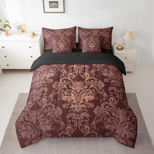 Erosebridal Gothic Damask Bed in a Bag King Size Comforter Set 7 Pieces,Exotic Moth Bedding Sets Brown Victorian Floral Goth Sheet Set with Comforter