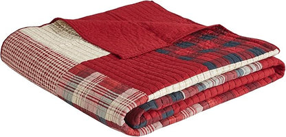 Woolrich Sunset Reversible Quilt Set - Cottage Styling Reversed to Solid Color, All Season Lightweight Coverlet, Cozy Bedding Layer, Matching Shams, Oversized Full/Queen, Plaid Red 3 Piece