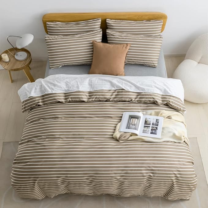 JELLYMONI Full Duvet Cover Set, Cotton Duvet Cover 3 Pieces with Zipper Closure, 1 Duvet Cover and 2 Pillowcases(Khaki with White Striped)