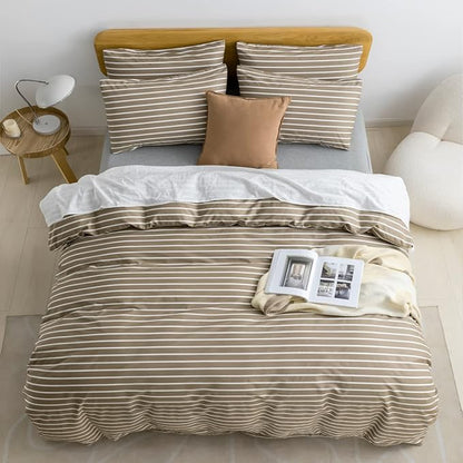 JELLYMONI Twin Duvet Cover Set, Cotton Duvet Cover 2 Pieces with Zipper Closure, 1 Duvet Cover and 1 Pillowcase(Khaki with White Striped)